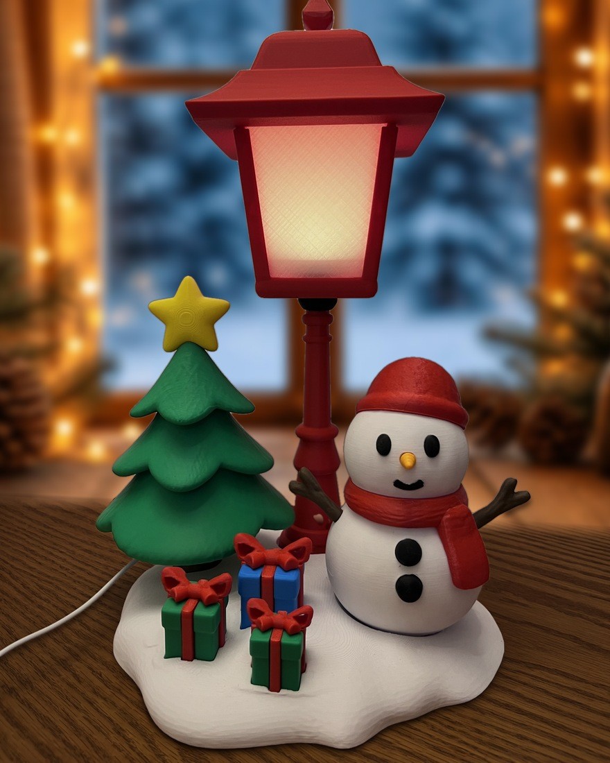 Poste luminoso com boneco de neve